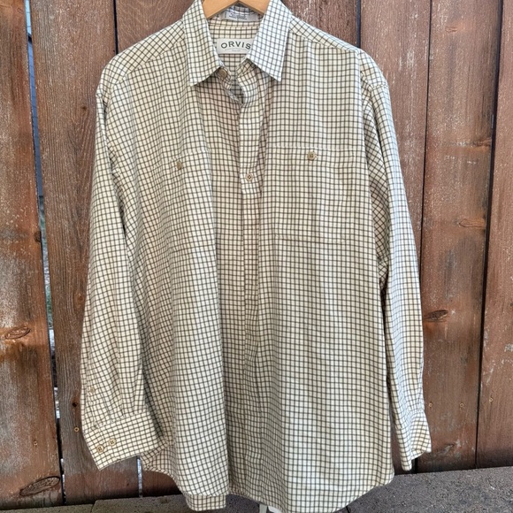 ORVIS Men's Cream Green Plaid Wool Long Sleeve Button Down Shirt Size Large - Picture 1 of 9